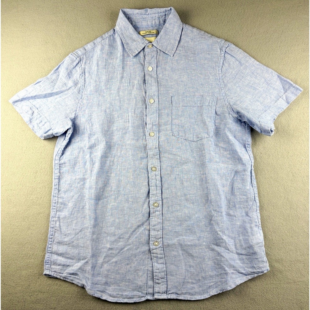 Thom Aaron Mens 100% Linen Blue Solid Short Sleeve Button-Up Shirt Size M